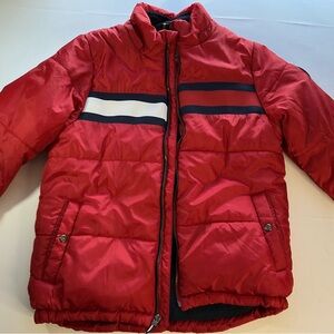 Tommy Hilfiger Kids Red Puffer Jacket with Navy & White Stripes